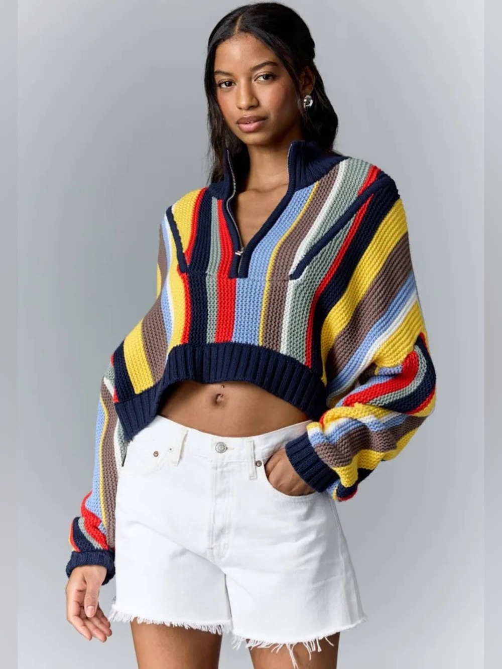 STAUD Multicolor Striped Half-Zip Sweater